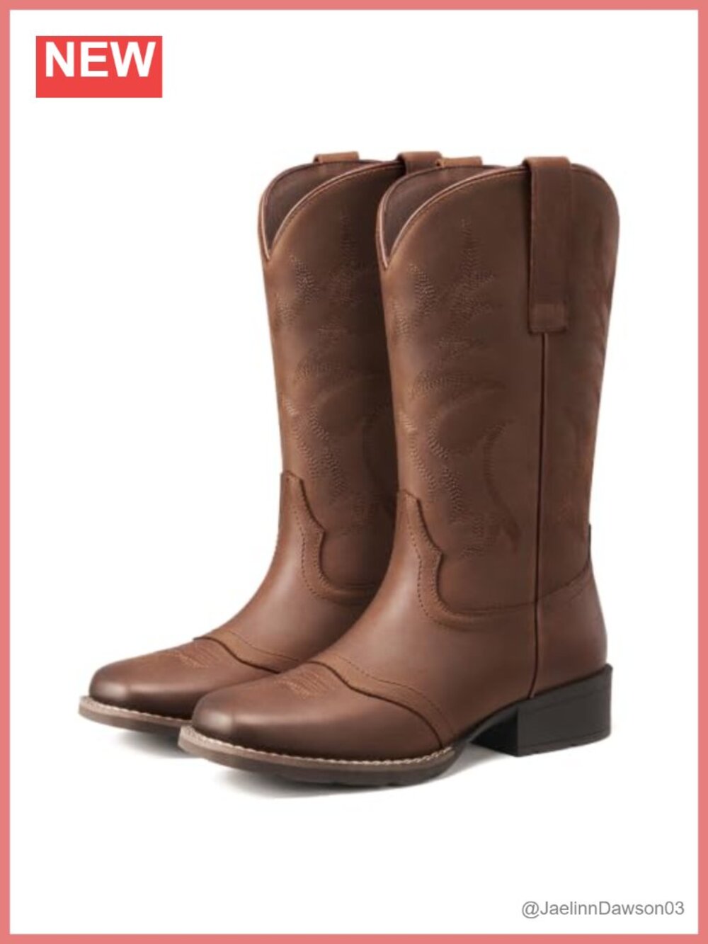 Rollda Genuine Leather Cowboy Boots Square Toe Mid Calf Western